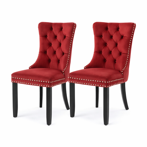 Lot De 2 Chaises De Salle à Manger En Velours Capitonné, Pieds En Bois Massif, Rouge Vin