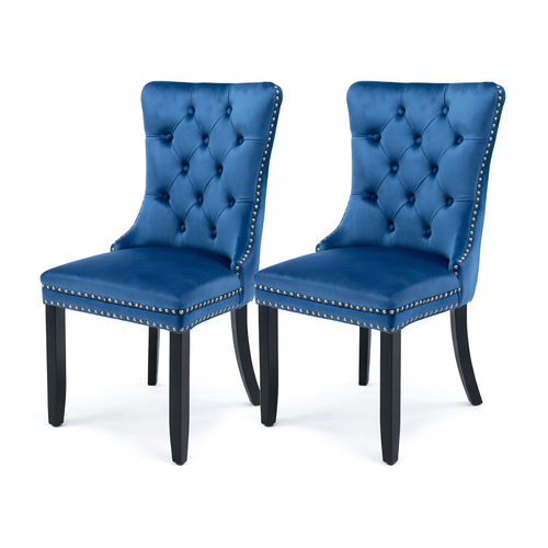 Lot De 2 Chaises De Salle à Manger En Velours Capitonné, Pieds Bois Massif, Bleu