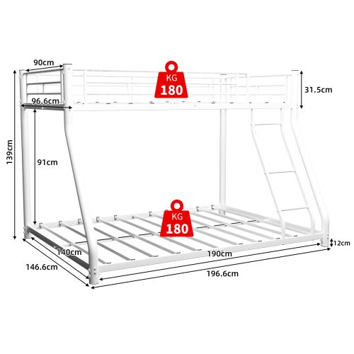 Lit Superposé 90x190 Cm Et 140x190 Cm Avec Échelle, En Métal, Blanc