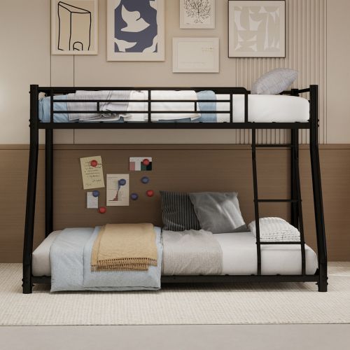 Lit Superposé 90x190 Cm Et 140x190 Cm Avec Échelle, En Métal, Noir