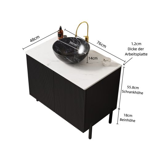 Meuble Vasque, Vasque En Céramique Noire, Plan En Pierre Sintrée Blanc Carrara, Noir