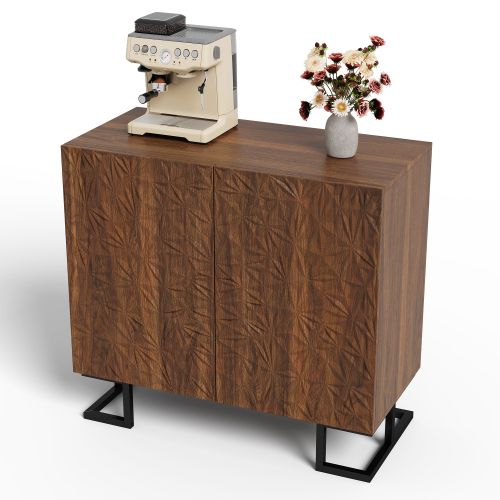 Buffet 2 Portes Avec Placage Noyer Foncé, Relief Feuilles, Pieds Métal Noirs 15 Cm, Push-to-open