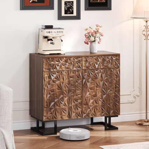 Buffet Aspect Noyer Foncé à Relief Feuilles, Sans Poignée, Pieds Métal Noirs 15 Cm