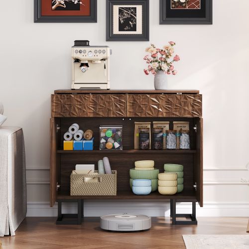 Buffet Aspect Noyer Foncé à Relief Feuilles, Sans Poignée, Pieds Métal Noirs 15 Cm