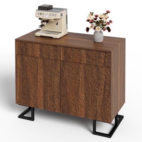 Buffet Aspect Noyer Foncé à Relief Feuilles, Sans Poignée, Pieds Métal Noirs 15 Cm