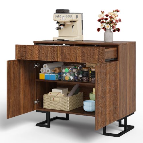 Buffet Aspect Noyer Foncé à Relief Feuilles, Sans Poignée, Pieds Métal Noirs 15 Cm