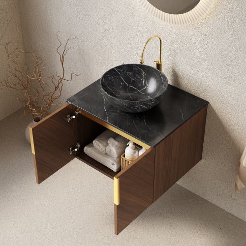 Meuble Vasque Mural, Plan Pierre Sinterisée Noir, Vasque En Céramique Noire