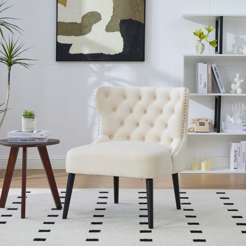 Fauteuil Sans Accoudoirs En Velours, Capitonné, Pieds En Bois Massif, Beige