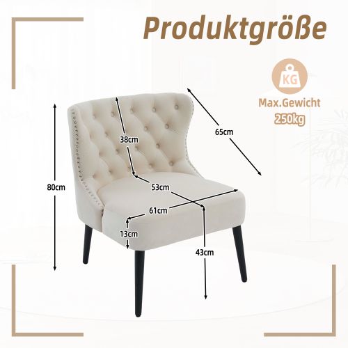 Fauteuil Sans Accoudoirs En Velours, Capitonné, Pieds En Bois Massif, Beige