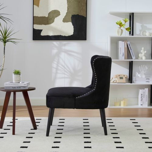 Fauteuil Sans Accoudoirs En Velours, Dossier Capitonné, Pieds En Bois Massif, Noir