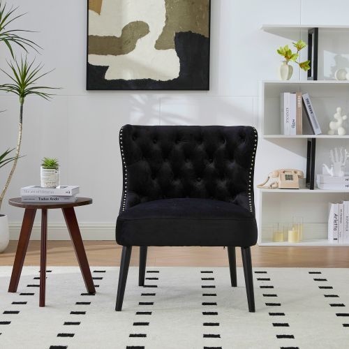 Fauteuil Sans Accoudoirs En Velours, Dossier Capitonné, Pieds En Bois Massif, Noir