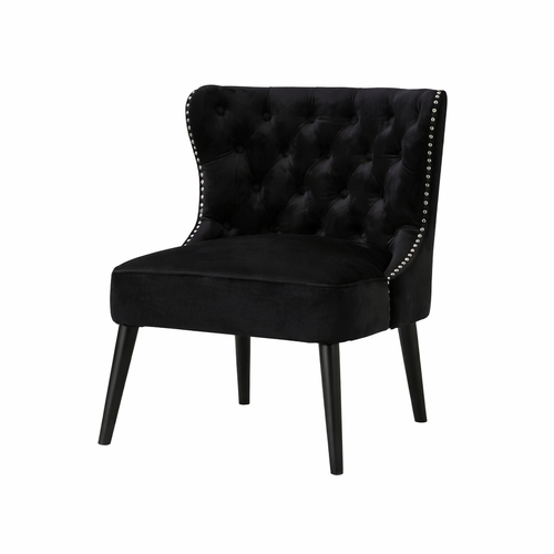 Fauteuil Sans Accoudoirs En Velours, Dossier Capitonné, Pieds En Bois Massif, Noir