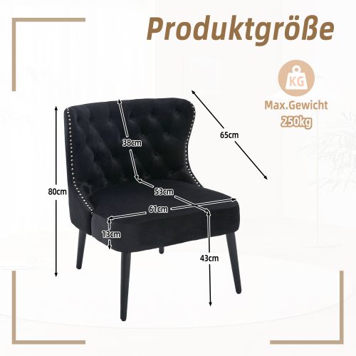 Fauteuil Sans Accoudoirs En Velours, Dossier Capitonné, Pieds En Bois Massif, Noir