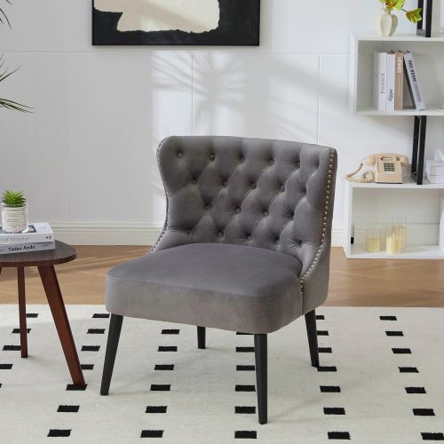 Fauteuil Sans Accoudoirs En Velours, Capitonnage Et Clous Décoratifs, Gris