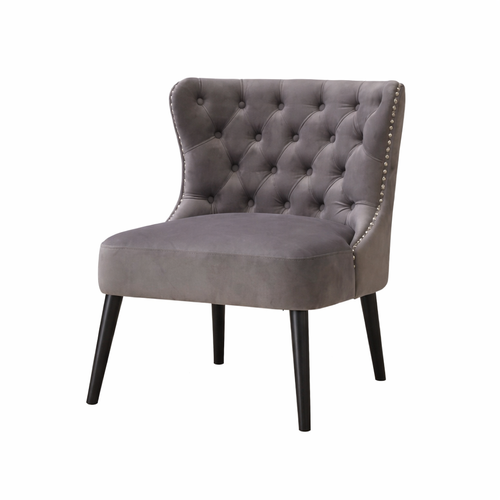 Fauteuil Sans Accoudoirs En Velours, Capitonnage Et Clous Décoratifs, Gris