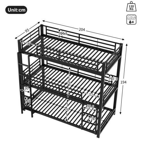 Lit Superposé 90x200 Cm, Lits 3 Couchages, Garde-corps, En Métal, Noir