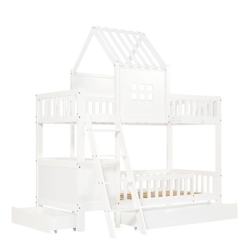 Lit Superposé 90x200 Cm, Avec 2 Tiroirs à Roulettes, Table De Lectureet Lattes, En Bois, Blanc