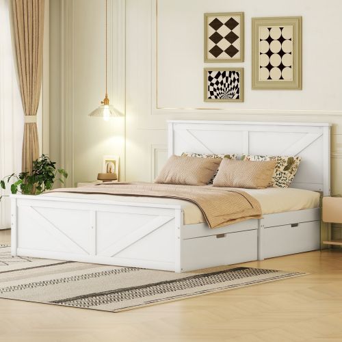 Lit Adulte 160x200 Cm Avec 4 Tiroirs Et Tête De Lit, Avec Lattes, En Bois, Blanc