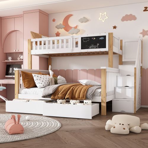 Lit Superposé 90x200 Et 140x200, Avec 2 Tiroirs Et Sommier à Lattes, En Bois, Blanc Et Chêne Clair