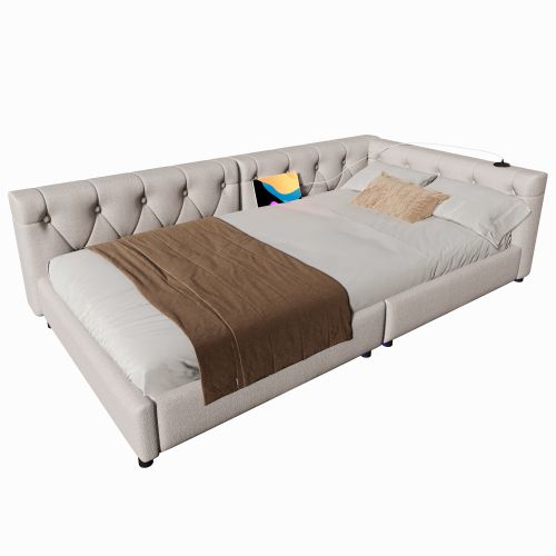 Lit Enfant 90x200 Cm, Avec Lattes Et Ports USB Et Type-c, Tête Capitonnée à Boutons, En Lin, Beige