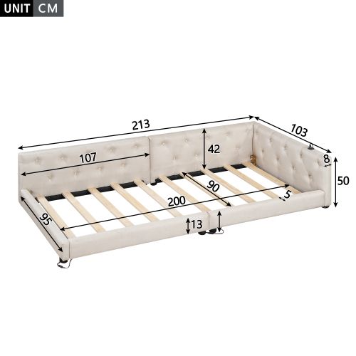 Lit Enfant 90x200 Cm, Avec Lattes Et Ports USB Et Type-c, Tête Capitonnée à Boutons, En Lin, Beige