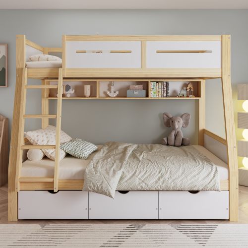 Lit Superposé 90x200 Et 120x200 Cm, Avec 3 Tiroirs Et Étagère Livres, En Bois, Blanc Et Naturel