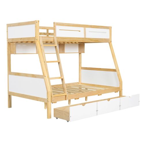 Lit Superposé 90x200 Et 120x200 Cm, Avec 3 Tiroirs Et Étagère Livres, En Bois, Blanc Et Naturel