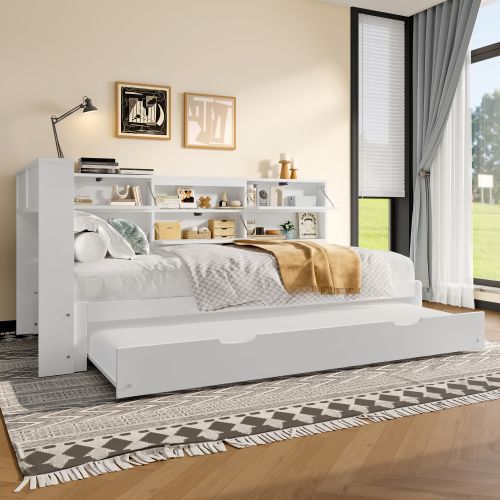 Lit Gigogne 90x200 Cm, Tête De Lit De Rangement, Avec Lattes, En Bois, Blanc