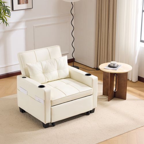 Canapé Convertible 1 Place 3-en-1 Avec Porte-gobelet Et Port USB, Blanc