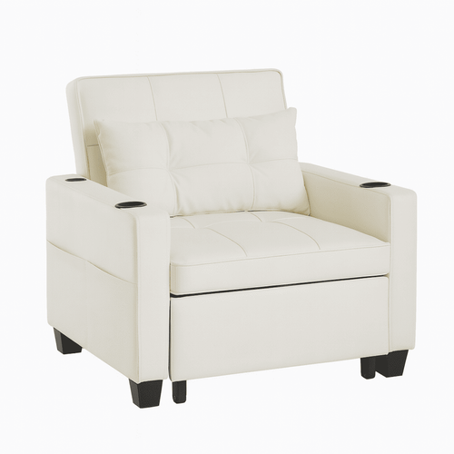 Canapé Convertible 1 Place 3-en-1 Avec Porte-gobelet Et Port USB, Blanc