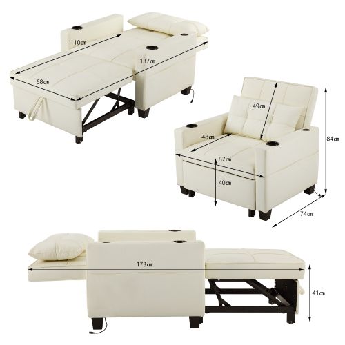 Canapé Convertible 1 Place 3-en-1 Avec Porte-gobelet Et Port USB, Blanc