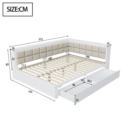 Lit Adulte 140x200 Cm, Avec 2 Tiroirs Et Tête De Lit, En Bois, Blanc