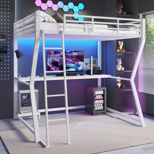 Lit Mezzanine Adulte 140x200 Cm En Métal Avec Bureau Et Éclairage LED, Prise Et Port USB, Blanc