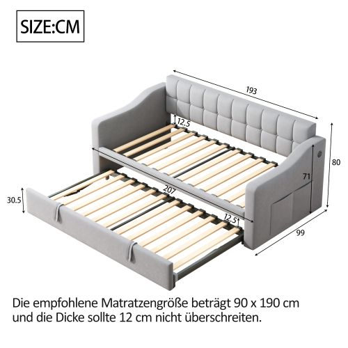 Lit Gigogne 90x190 Cm, Extensible, Avec Lattes, En Velours, Gris Clair