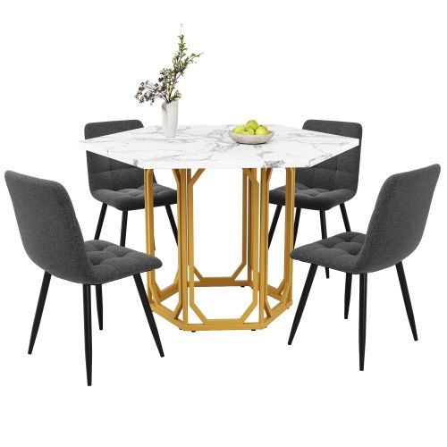 Ensemble Table Et Chaises, Table à Manger 110 Cm Avec Pieds Dorés Marbre Et 4 Chaises En Lin Gris