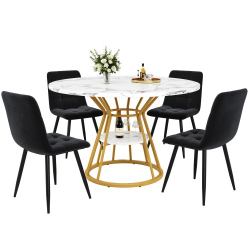 Ensemble Table Et Chaises, Table à Manger 100 Cm Avec Pieds Dorés Et 4 Chaises En Velours Gris