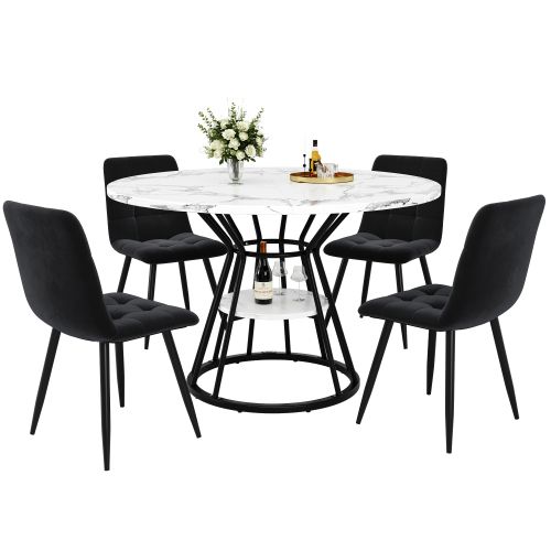 Ensemble Table Et Chaises, Table à Manger 100 Cm Avec Pieds Métal Noir Et 4 Chaises En Velours Noir