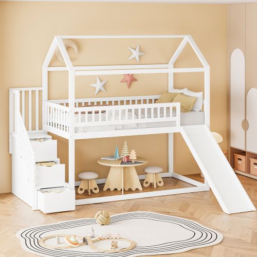 Lit Superposé Enfant 90x200 Cm, Avec Toboggan Et Sommier à Lattes, En Bois, Blanc