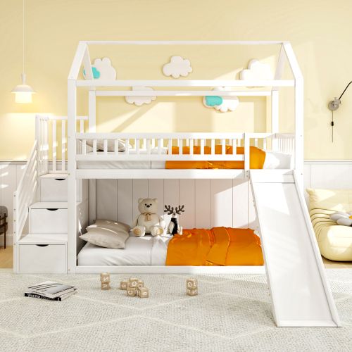 Lit Superposé Enfant 90x200 Cm, Avec Toboggan Et Sommier à Lattes, En Bois, Blanc