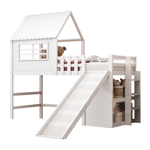 Lit Mezzanine Enfant 90x200 Cm, Toboggan Et Rangements, Avec Lattes, En Bois, Blanc