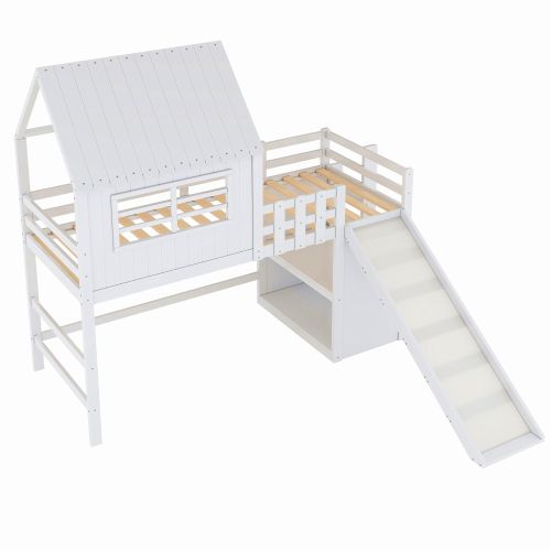 Lit Mezzanine Enfant 90x200 Cm, Toboggan Et Rangements, Avec Lattes, En Bois, Blanc