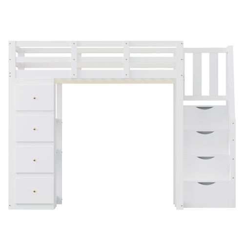 Lit Mezzanine 140x200 Cm, Avec 4 Tiroirs, Étagères Et Lattes, En Bois, Blanc