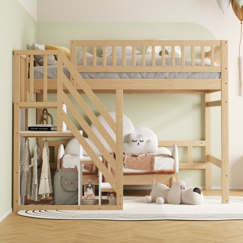 Lit Mezzanine 140x200 Cm, Avec Escalier De Rangement, En Bois, Naturel