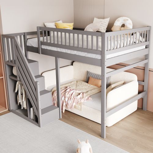 Lit Mezzanine Enfant 140x200 Cm, Avec Marches De Rangement Et Haute Barrière, En Bois, Gris