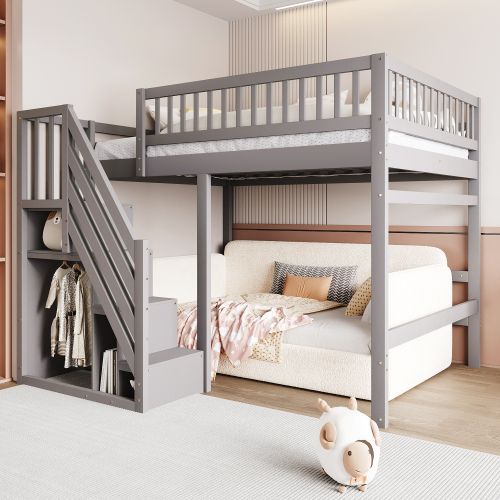 Lit Mezzanine Enfant 140x200 Cm, Avec Marches De Rangement Et Haute Barrière, En Bois, Gris