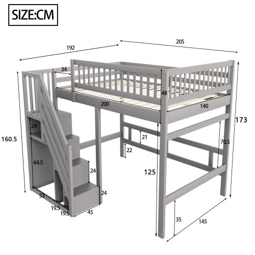 Lit Mezzanine Enfant 140x200 Cm, Avec Marches De Rangement Et Haute Barrière, En Bois, Gris