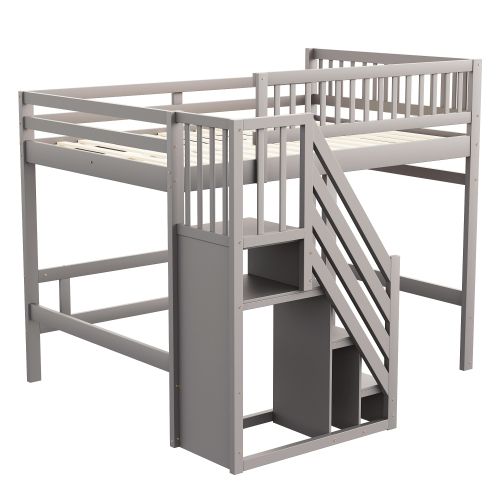 Lit Mezzanine Enfant 140x200 Cm, Avec Marches De Rangement Et Haute Barrière, En Bois, Gris