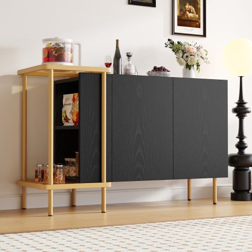 Buffet Noir, Buffet De Cuisine 120 X 40 X 77.5 Cm, Pieds Métal 16 Cm, 2 Niches Ouvertes