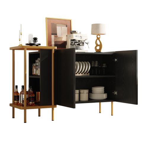 Buffet Noir, Buffet De Cuisine 120 X 40 X 77.5 Cm, Pieds Métal 16 Cm, 2 Niches Ouvertes