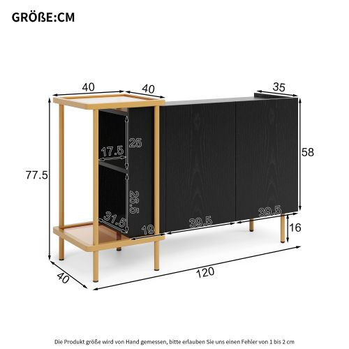 Buffet Noir, Buffet De Cuisine 120 X 40 X 77.5 Cm, Pieds Métal 16 Cm, 2 Niches Ouvertes